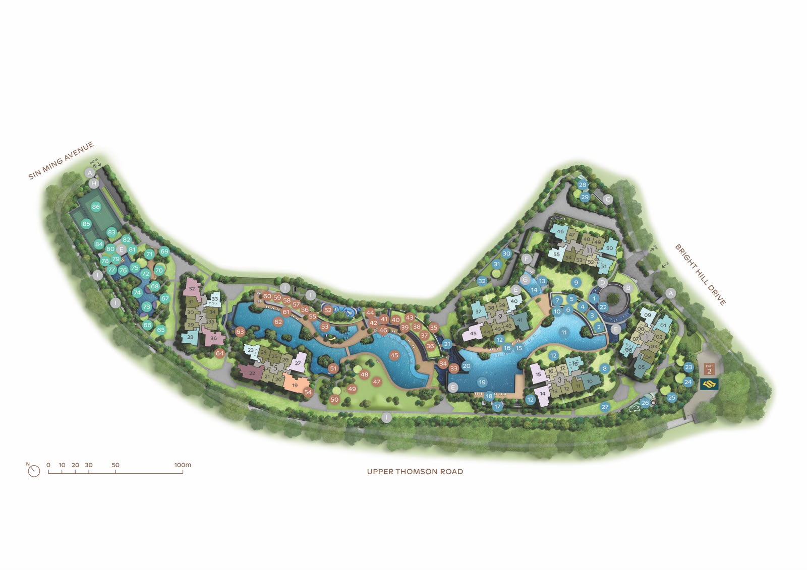 Illustrated Thomson Reserve site plan showing residential blocks, pools and landscaped areas